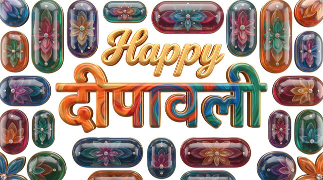 Happy deepavali greeting with colorful floral glass ornaments isolated on transparent background
