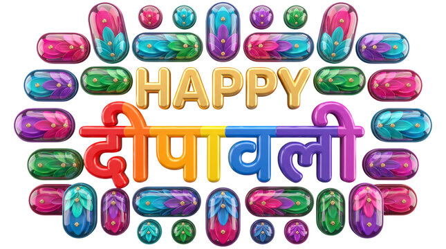 Happy deepavali greeting with colorful lotus glass ornaments isolated on transparent background