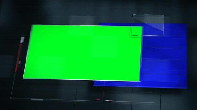 Futuristic High Tech News Background Frame Green Screen Display with Glass Panel Media Overlay with six green screen animation frames