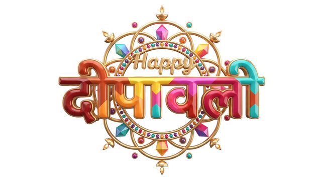 Happy deepavali greeting with golden mandala and diya lamps isolated on transparent background