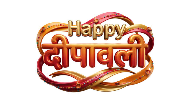 Happy deepavali text with golden ribbons and diya lamps isolated on transparent background