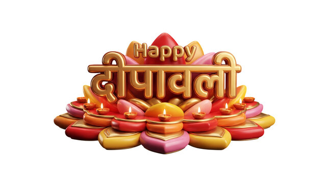 Happy deepavali text with colorful lotus flower lamps isolated on white isolated on transparent background