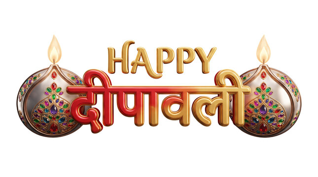 Happy deepavali 3d text with decorative oil lamps isolated on white isolated on transparent background