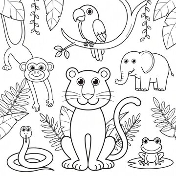 Black and white line art vector illustration of cute jungle animals for kids printable coloring book page isolated on white background