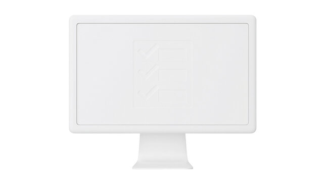 Minimalist white monitor displaying a checklist with checkmarks, isolated on transparent background