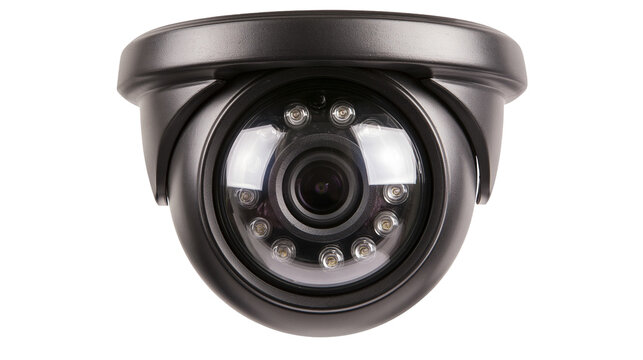 Black dome security camera with infrared LEDs, isolated on transparent background