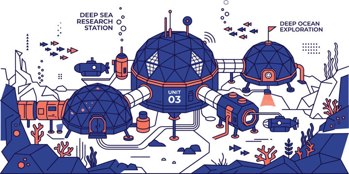Futuristic deep sea research station vector, underwater ocean exploration base with geodesic domes, marine science laboratory illustration