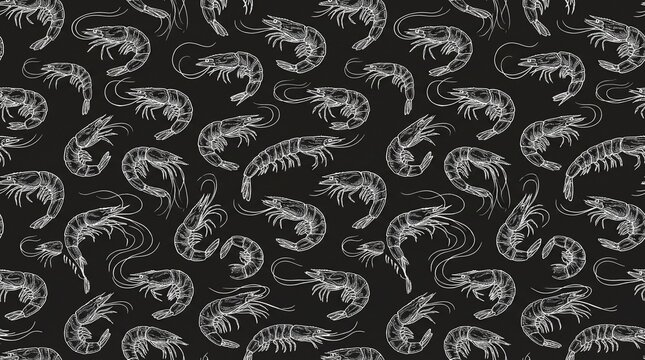 Seamless Prawn Pattern with White Line Art on Black Background