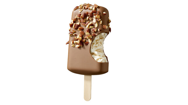 Chocolate covered ice cream bar with nuts bitten, isolated on transparent background