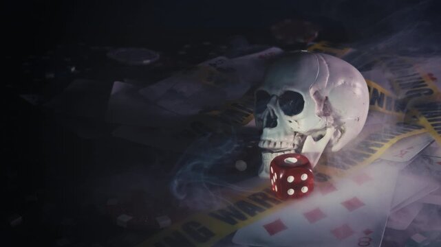 Illegal Gambling Evidence with Skull and Dice Behind Warning Tape
