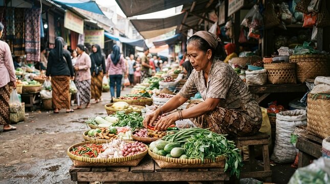 Vendor arranging fresh vegetables at traditional morning market in Java, Indonesia