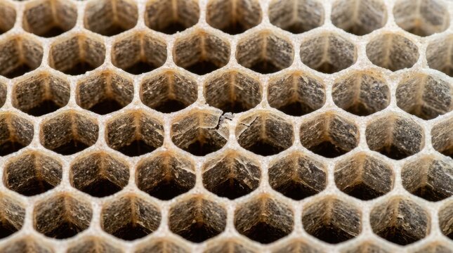 Macro photography of empty honeycomb cells geometric pattern. Close-up of natural wax structure. Macro texture