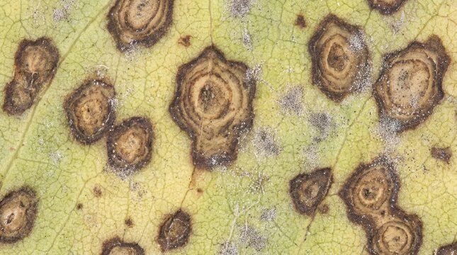 Macro photography of fungal infection leaf spots texture. Close up of plant disease rings