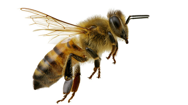 Furry honey bee with striped abdomen wings spread, isolated on transparent background