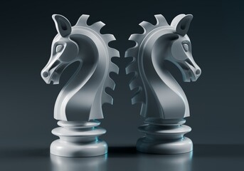 Two Silver Chess Knight Pieces Facing Each Other 3D Render Studio Background © Muhammad Usama
