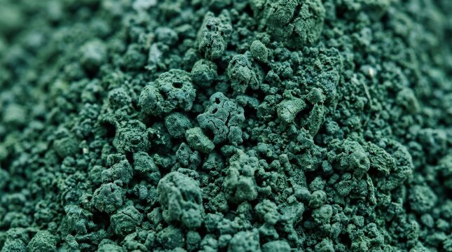 Spirulina powder closeup macro photography. Green algal superfood supplement background