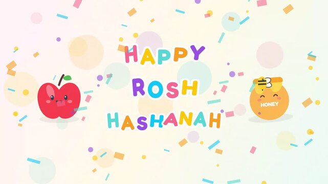 Happy Rosh Hashanah greeting card with cute apple and honey jar characters surrounded by confetti.