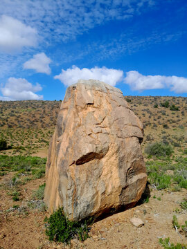 View of a large weathered boulder standing in the semi-arid landscape of Anysberg Nature Reserve under a bright blue sky with scattered clouds, Anysberg, Western Cape, South Africa.