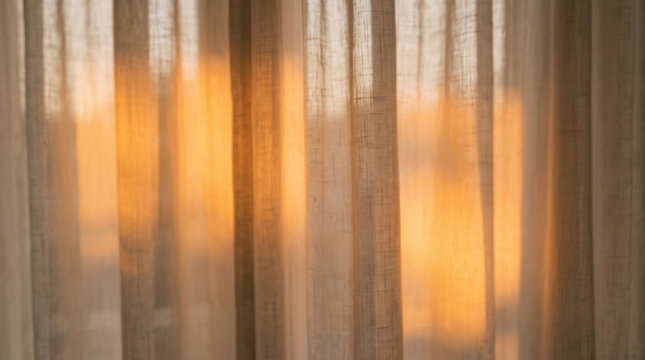 Warm sunlight filtering through sheer linen curtains creating soft golden glow and cozy atmosphere in a modern living room interior design concept
