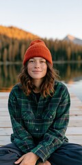 Fototapeta premium Outdoor portrait of woman in orange beanie and green plaid shirt sitting on a lake dock for lifestyle banner and social media background