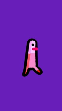 Man walking animated seamless loop on violet background. Cartoon vertical animation of very simple stickman crazy doodle linear shaking outline with fill human character isolated.  