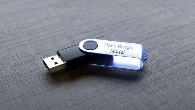 3D render of a USB flash drive with "Open Weight Model" label on the cover. 