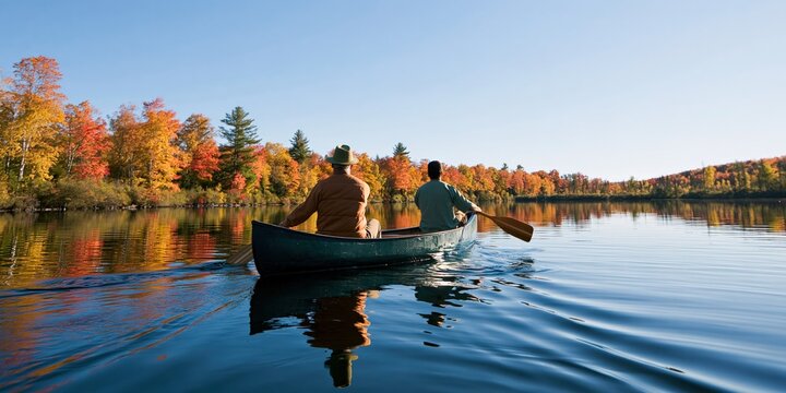 Two people paddling a canoe across a reflective lake with autumn forest for active outdoor recreation background and travel poster