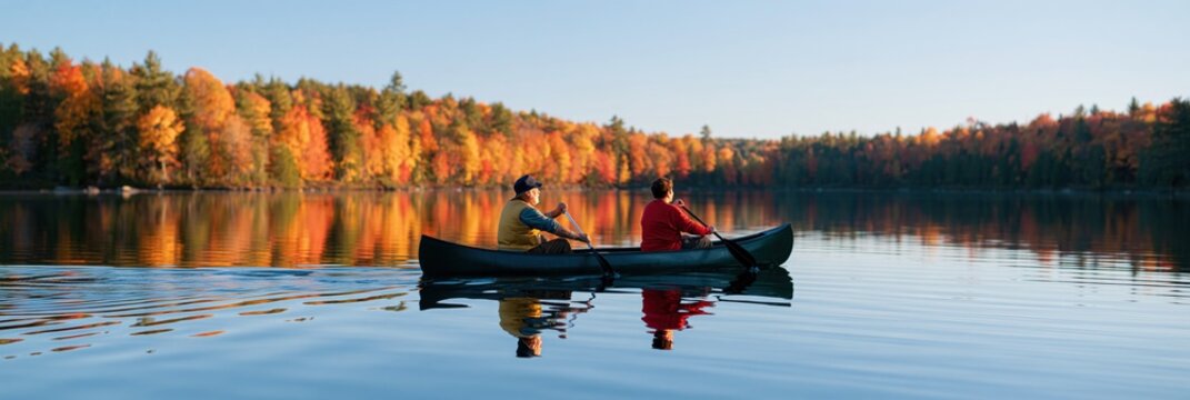 Wide autumn lake panorama with canoe and mirrored forest reflections for tranquil background and landscape banner design