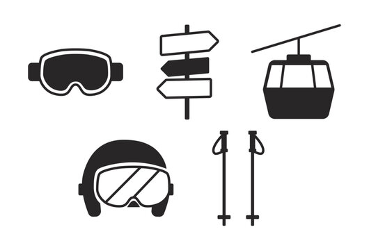 Alpine skiing icon set, vector illustration. Skis, downhill skier, helmet, goggles, finish gate, ski lift, avalanche