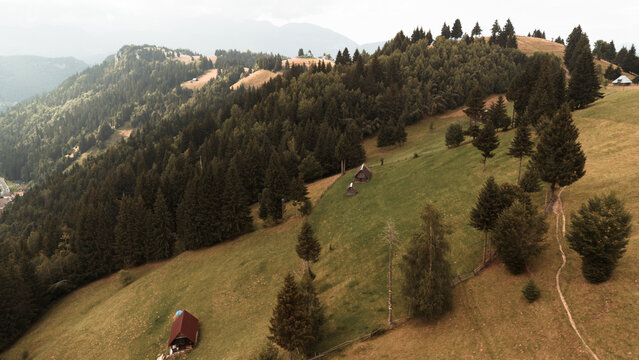 Aerial View of Red-Roofed Cabin on Forested Mountain Slope - Transylvania, Bucegi Mountains, Romania
