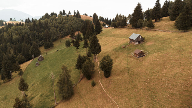 Aerial View of Scattered Mountain Cabins on Green Hillside - Transylvania, Bucegi Mountains, Romania
