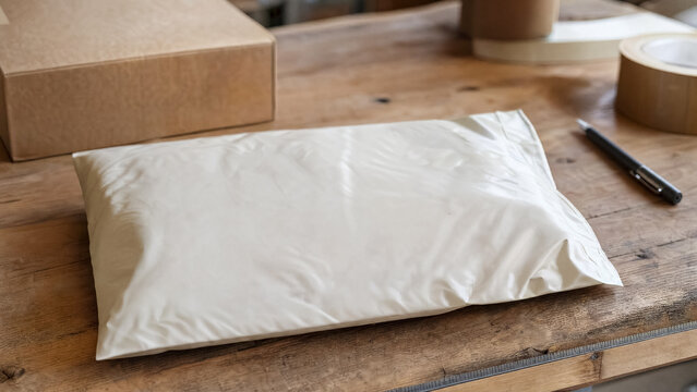 Compostable mailer shipping bag made from plant-based materials on wooden desk