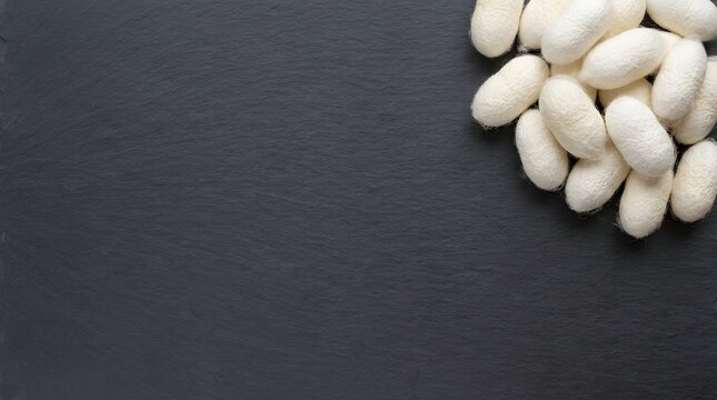 Raw silkworm cocoons arranged on a dark textured slate background