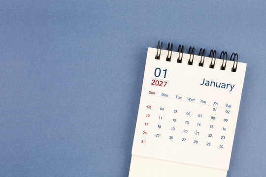 January 2027 Mini monthly desk calendar for 2026 year on blue color background.