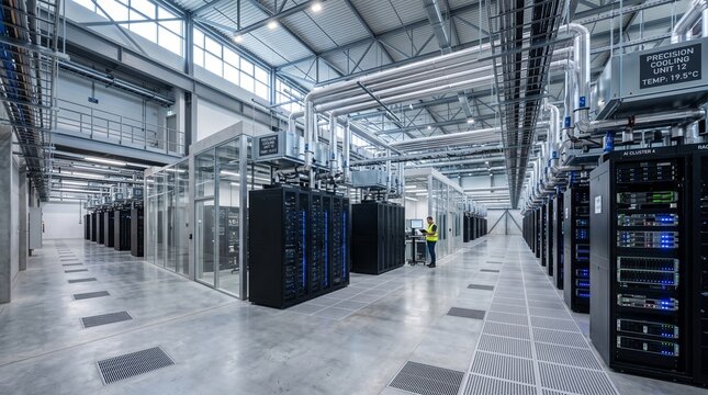 Technician working in a modern data center server room facility