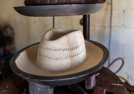 Panama hat from Yucatan in heat press, Becal, Campeche state, Mexico.