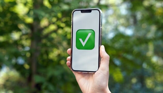 hand holding a mobile phone in the air. The phone has a green check mark on white background, isolated, concept of approval, acceptance
