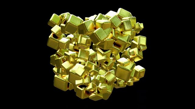 Abstract golden cubes motion graphic ProRes 444 Alpha transparent 10 bit loop animation by 3D render procedural geometric objects and materials.