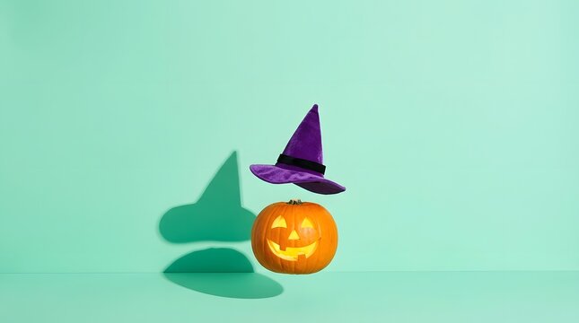 Levitating jack o lantern pumpkin with purple witch hat on pastel green background
