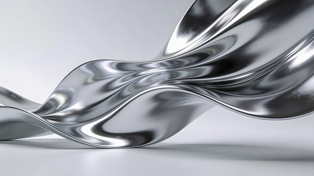 Abstract 3D illustration of flowing liquid chrome waves with glossy reflections on a clean light grey background. Modern silver metallic backdrop for technology, luxury and design.