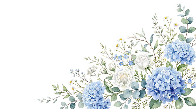 Watercolor blue hydrangea and white rose floral corner arrangement on