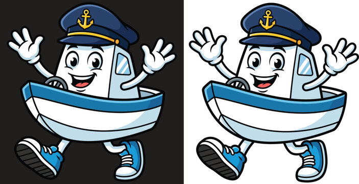 Funny Boat Character Wearing Captain Hat and Sneakers Flat Vector Illustration for Kids Apparel, Summer, and Marine Design