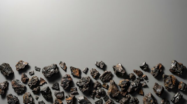 Scattered metal slag pieces on a grey background with copy space