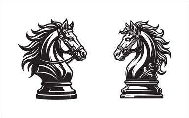Vintage chess knight pieces in black and white with detailed engraving style © MATMORJINABEGUM