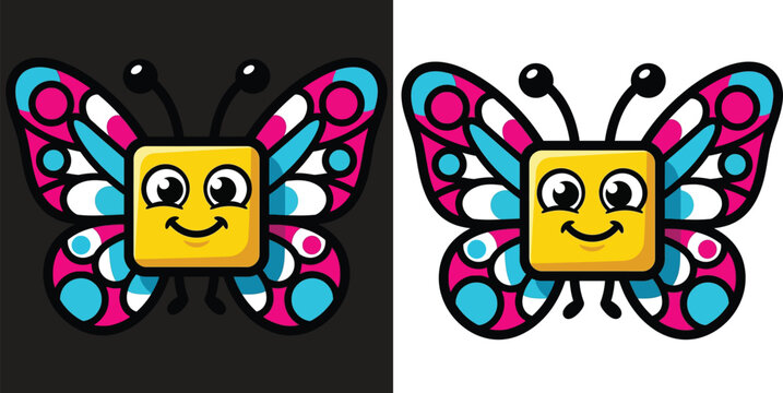Cute Square-Faced Butterfly with Colorful Patterned Wings Flat Vector Illustration