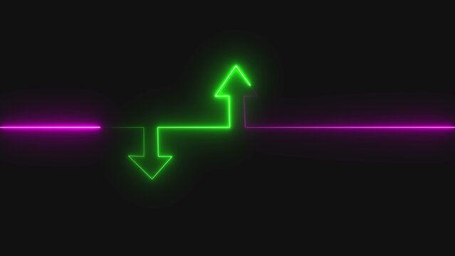 Neon green glowing arrow signs pointing up and down on a dark black background with thin purple horizontal laser lines showing direction motion and progress in a modern digital style