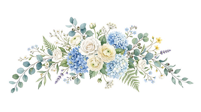 Watercolor floral centerpiece with blue hydrangea and white roses on