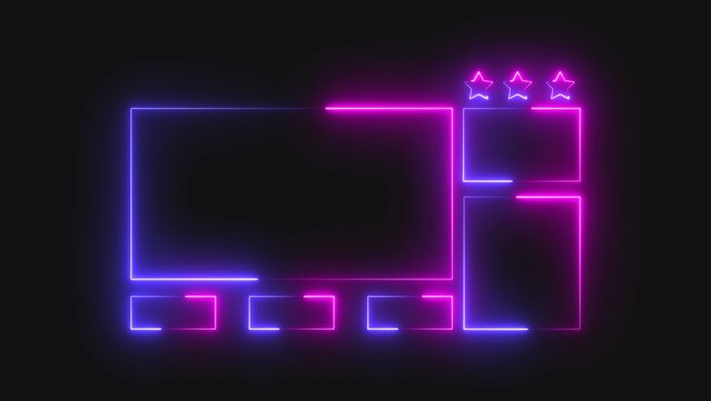 A bright glowing neon interface frame with purple and blue lines and stars design element for digital screen overlay or streaming layout graphic on a dark background for modern web users