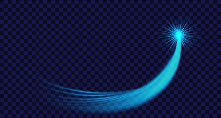 Obraz premium Glowing blue energy trail with curved luminous beam and bright flare on transparent background.