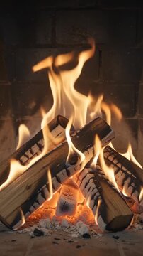 Bright, dancing flames illuminate a cozy fireplace, with burning logs and glowing embers providing warmth. Ideal for themes of home, comfort, winter, relaxation, and peaceful ambiance.